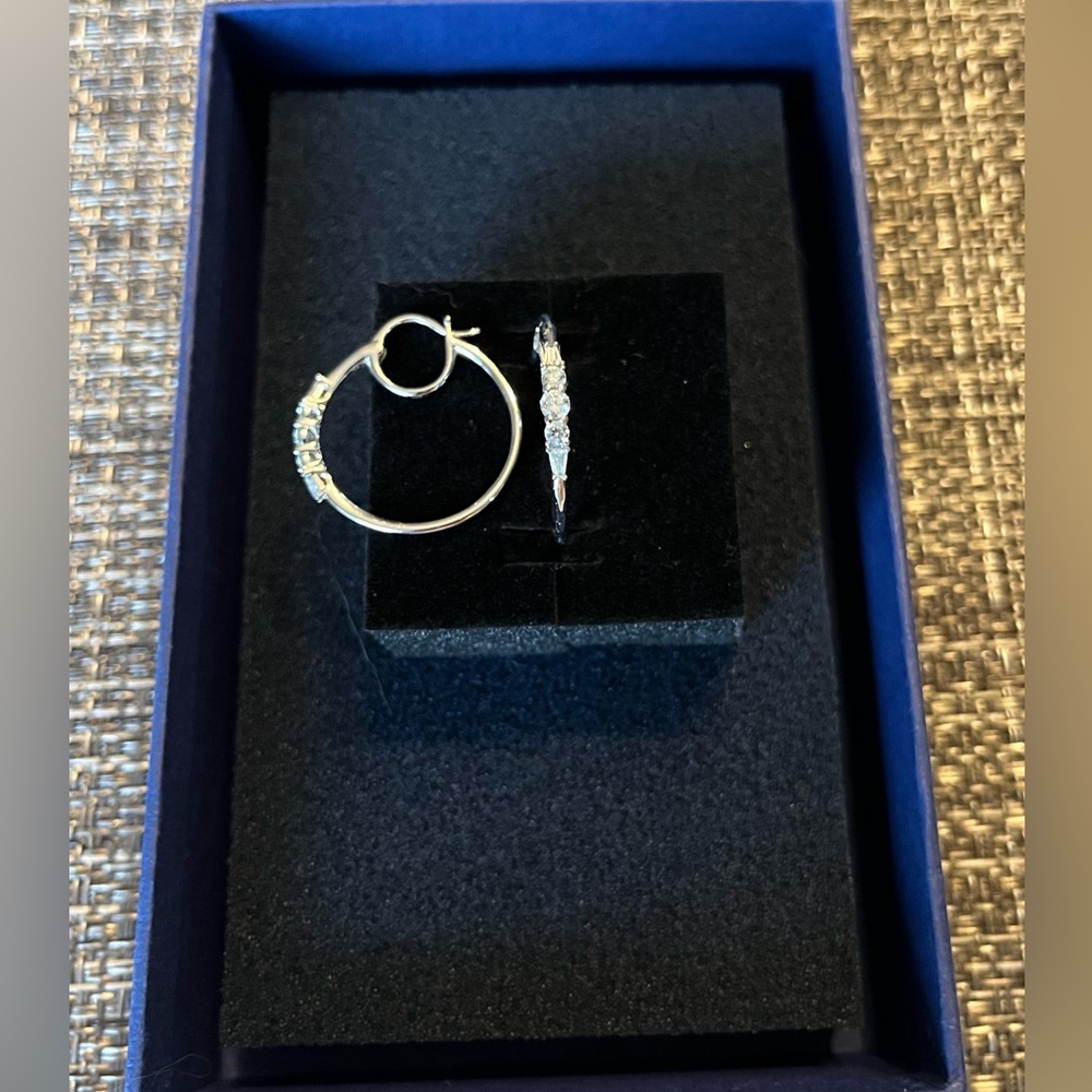 Elegant Silver Hoop Earrings With Clear Stone Accents